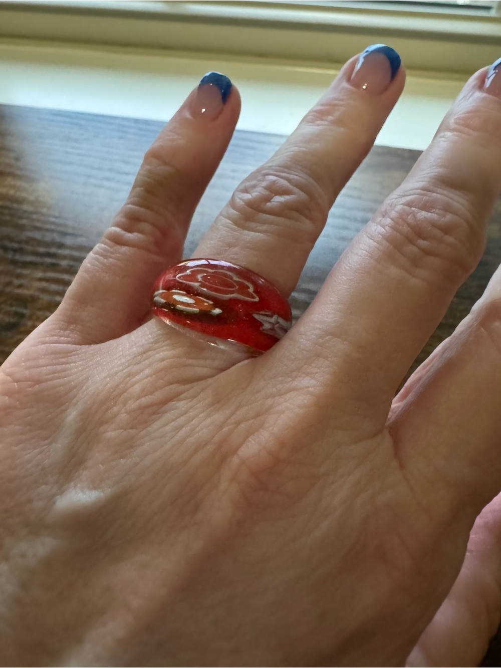 Chunky Red Acrylic Resin Ring | Size 7.5 | Floral Detail Accent Statement Band